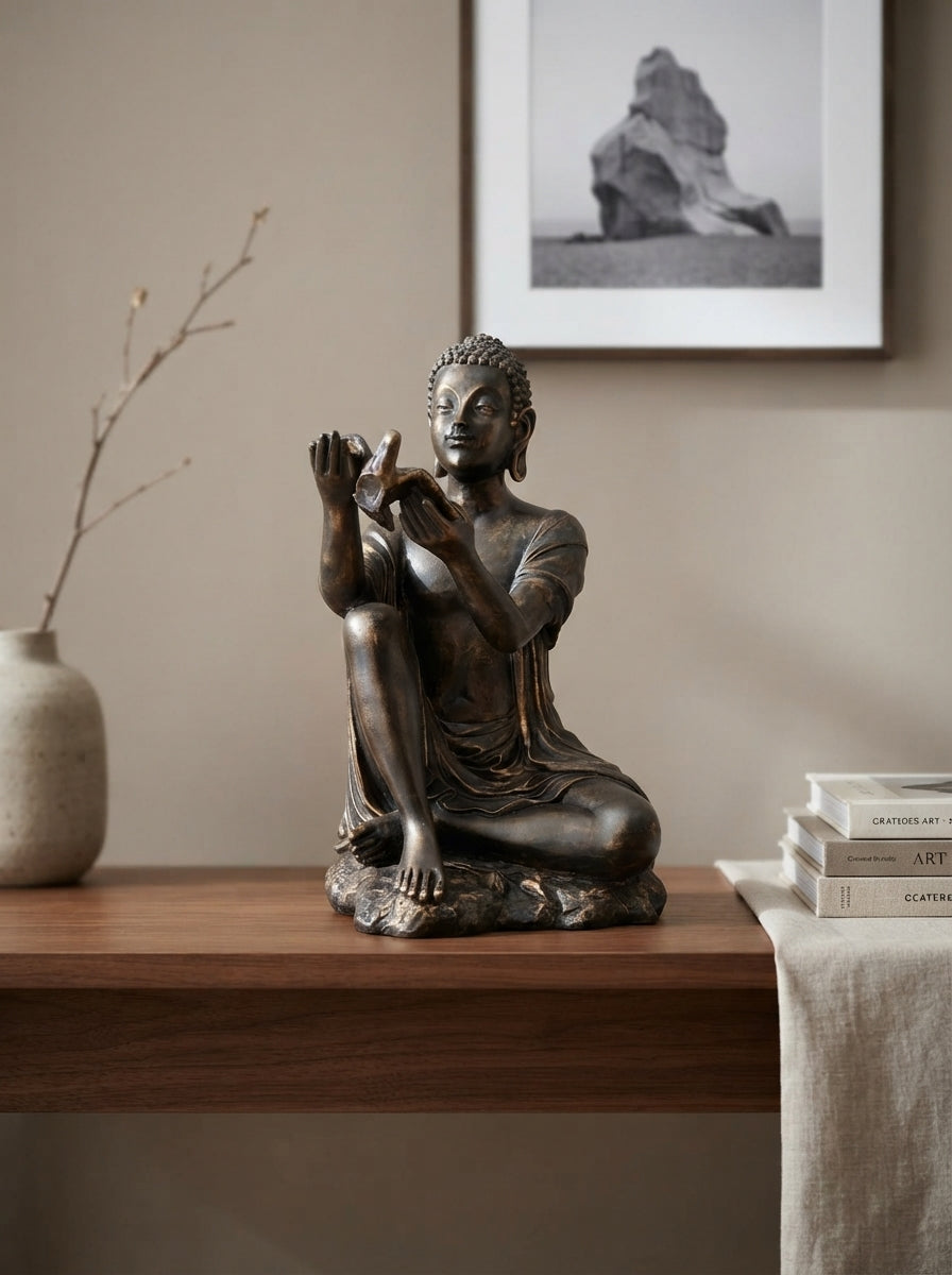 Copper, Black Gold Seated Figure with Bird Statue | Zen Decor Sculpture