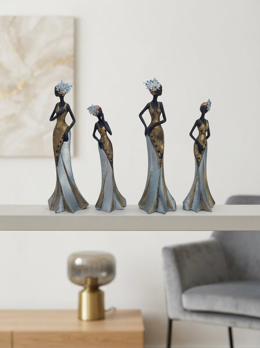 African Women Figurine Set of 4 | Black Gold Silver Statues