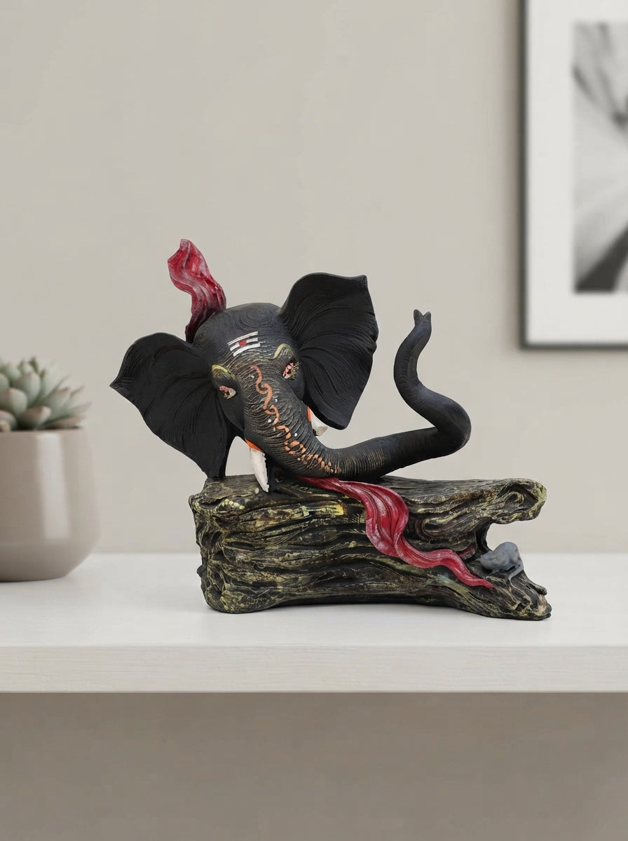 Hand-Painted Elephant Head Log Statue | Wildlife Decor