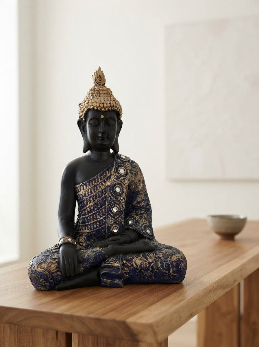 Black Blue Jeweled Buddha Statue | Meditation Decor