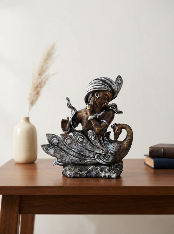 Bronze Silver Krishna Peacock Statue 15" | Hindu Decor