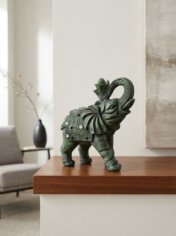 Verdigris Green Jeweled Elephant Statue | Decor