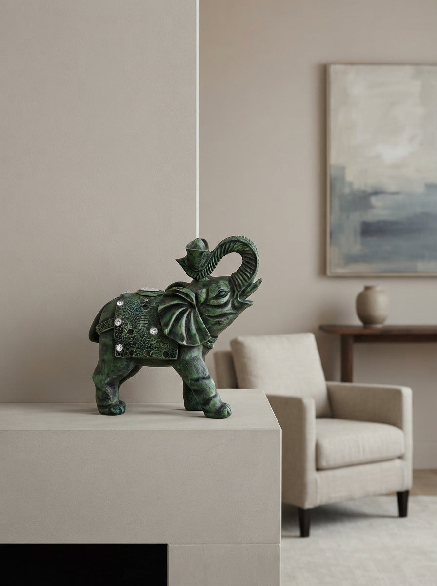Verdigris Green Jeweled Elephant Statue | Decor