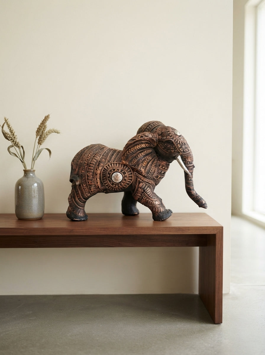 Engraved Copper Elephant Statue 11"x9"x6" | Tribal Decor