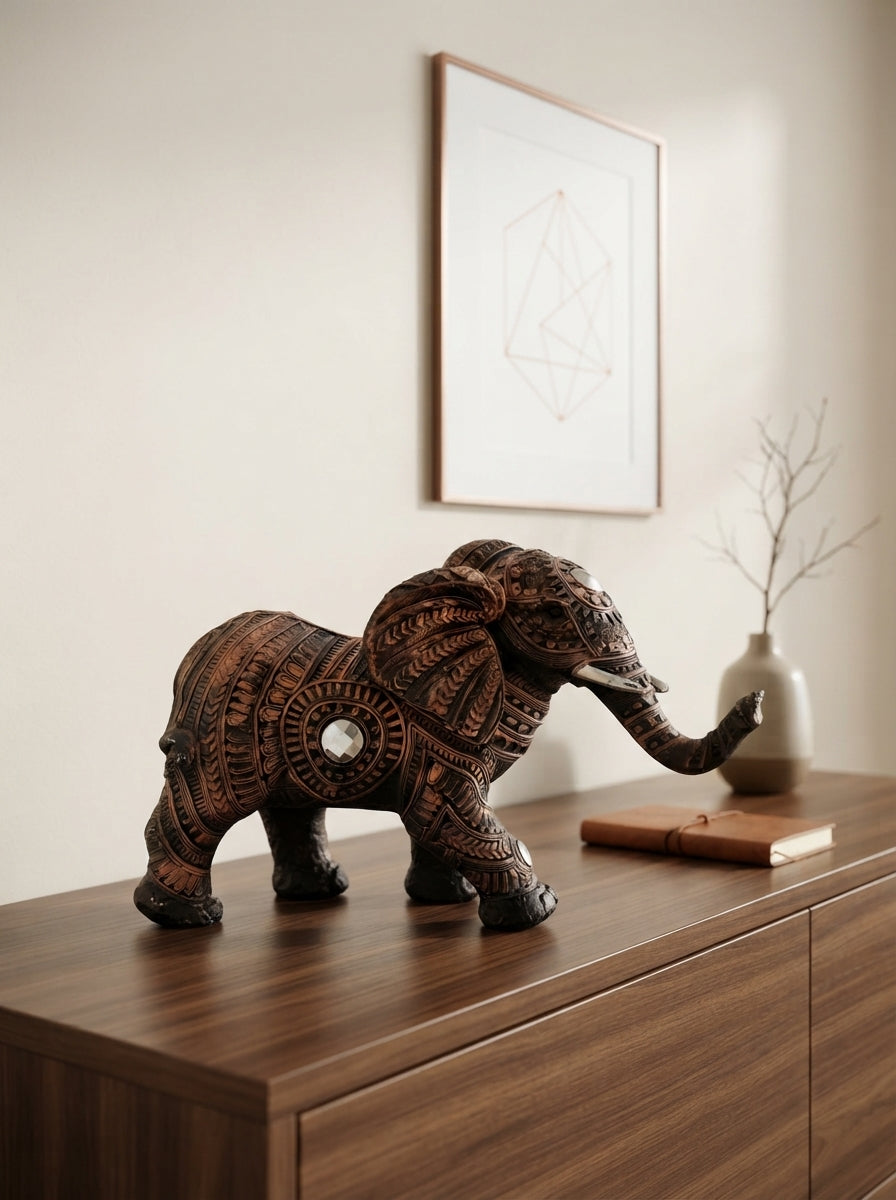 Engraved Copper Elephant Statue 13"x9"x6" | Tribal Decor
