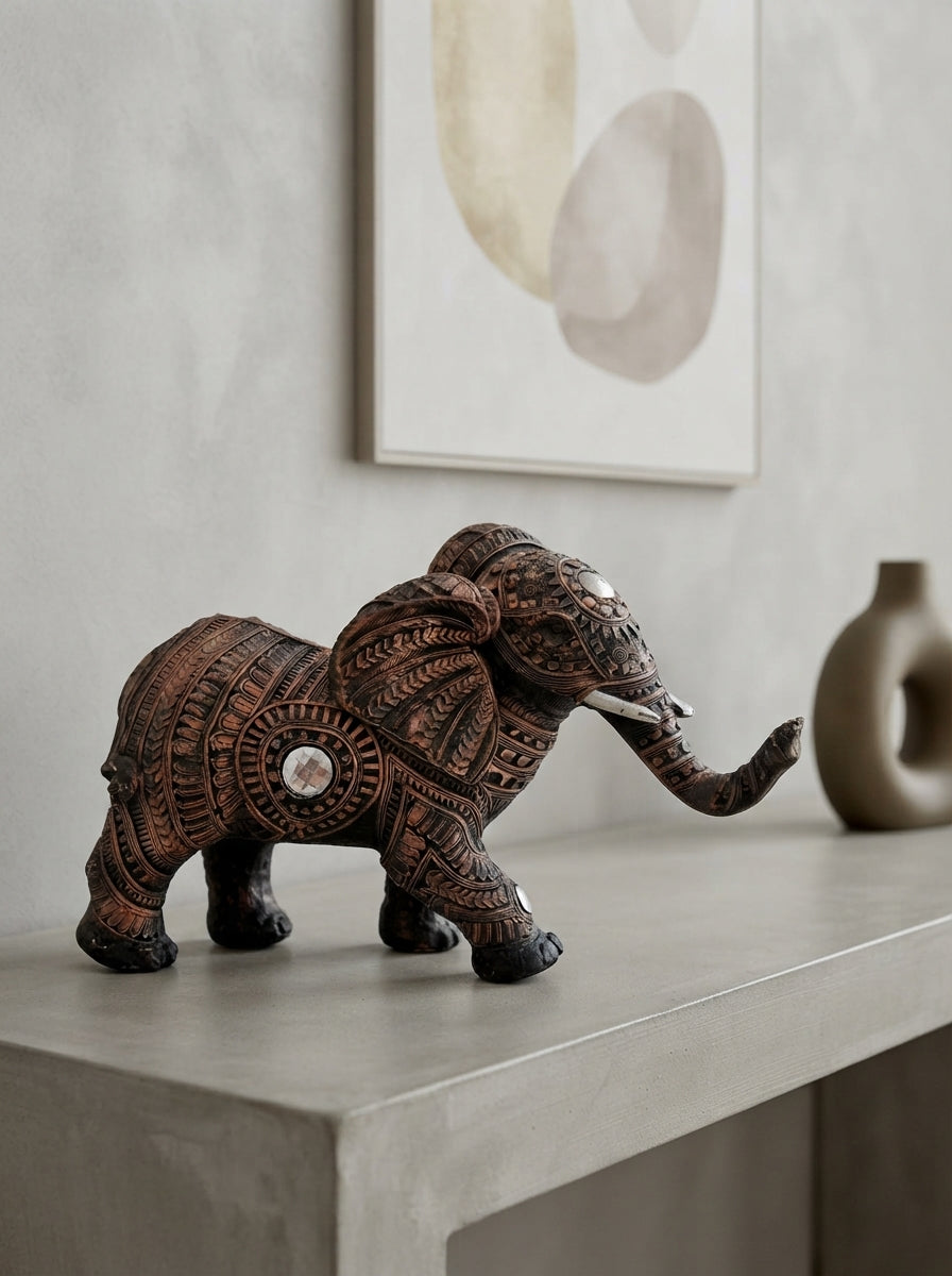 Engraved Copper Elephant Statue 13"x9"x6" | Tribal Decor
