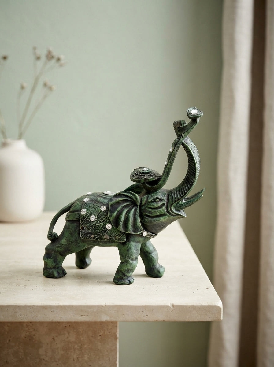 Verdigris Green Jewelled Elephant Statue 14"x11"x6" | Decor