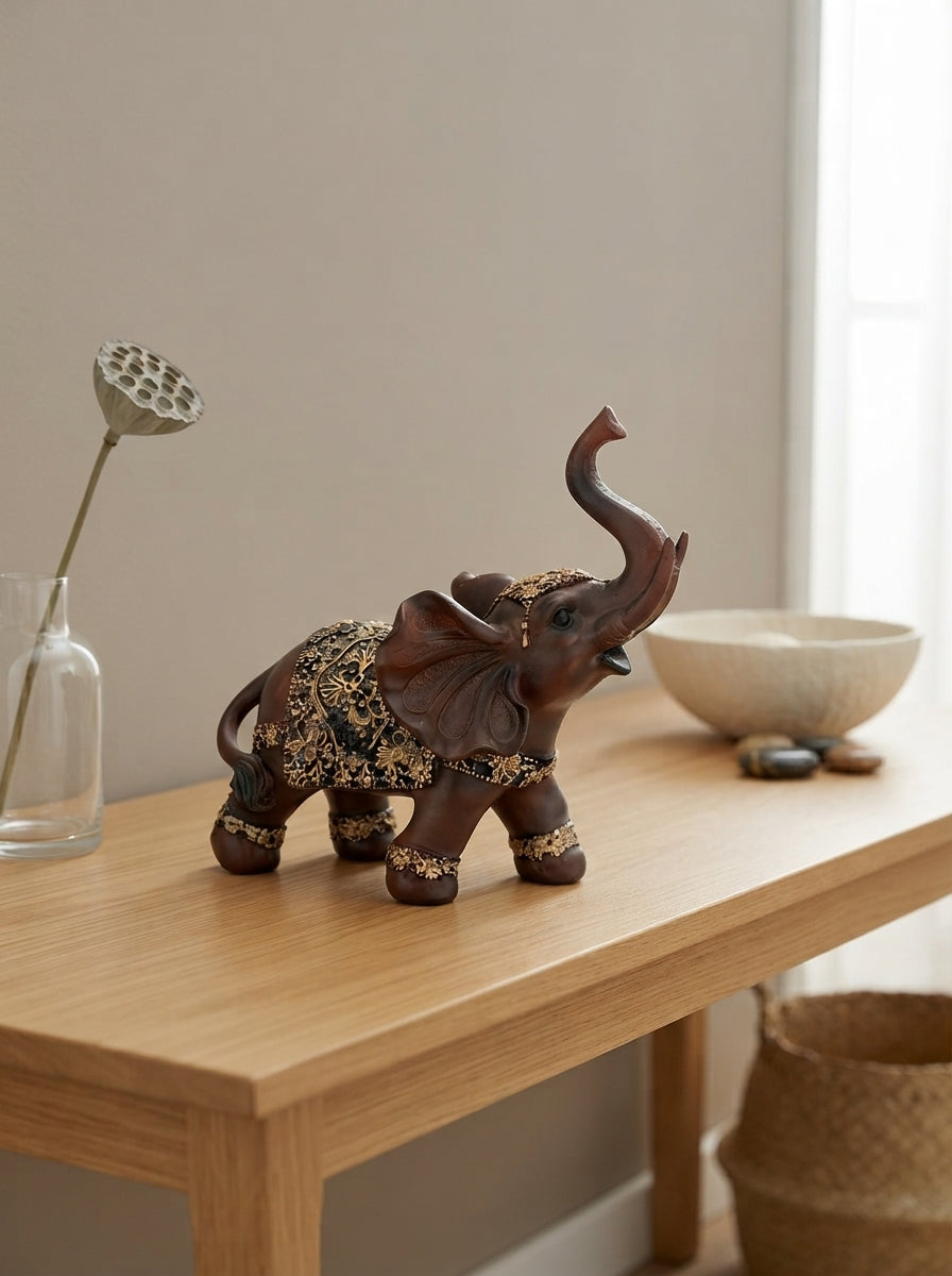 Brown Gold Floral Elephant Statue 11"x10"x6" | Lucky Decor