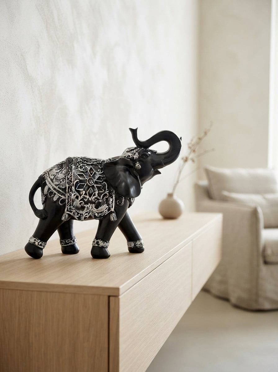 Black White Mandala Elephant Statue 11"x10"x5" | Lucky Decor