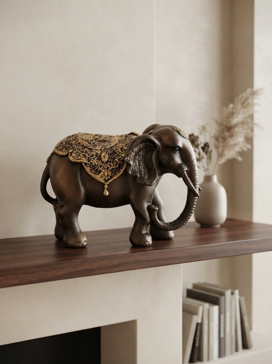Brown Gold Embossed Elephant Statue 11"x9"x6" | Decor