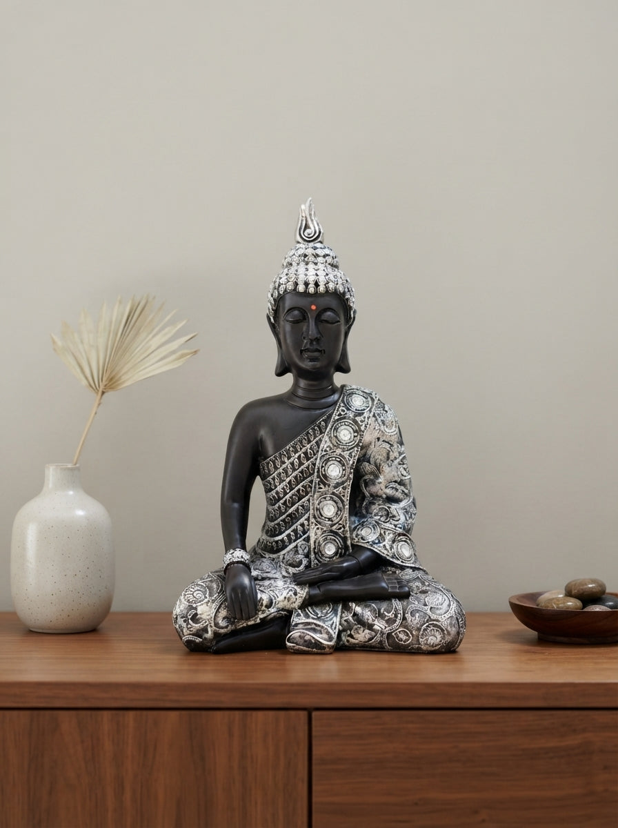 Black Silver Embossed Buddha Statue 15.5”| Zen Decor