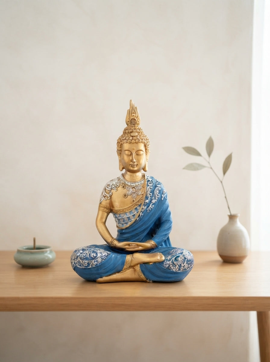 Gold Blue Meditation Buddha Statue 15" | Zen Decor