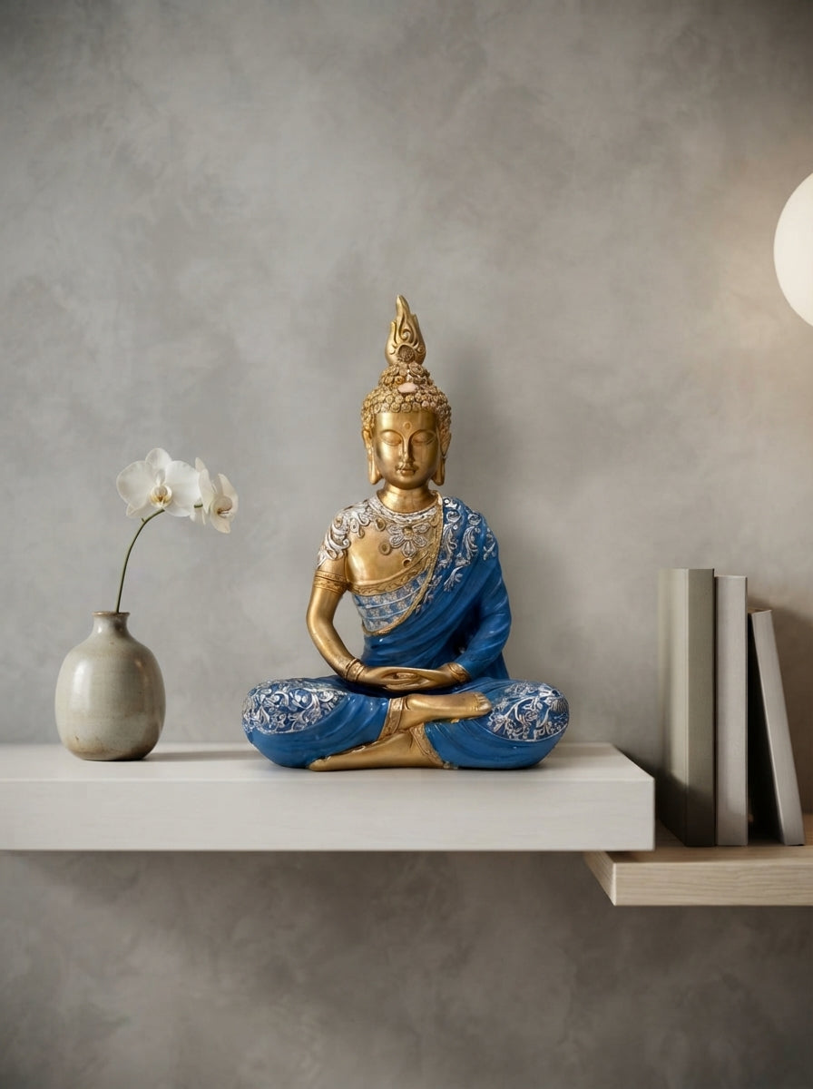Gold Blue Meditation Buddha Statue 15" | Zen Decor