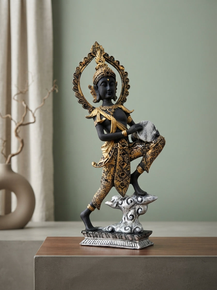 Black Gold Celestial Drummer Statue | Asian Decor