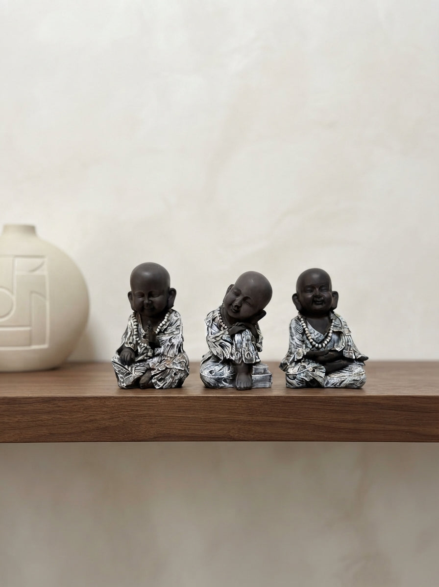 Set of 3 Baby Monk Statues 10”x6”x5”| Grey & Silver Buddha Figurines