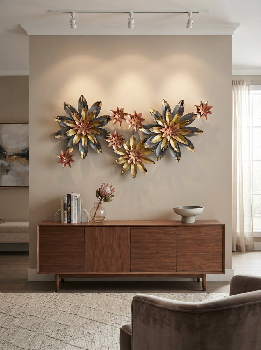 Metal Flower Wall Art Set | Gold, Grey & Copper Floral Decor