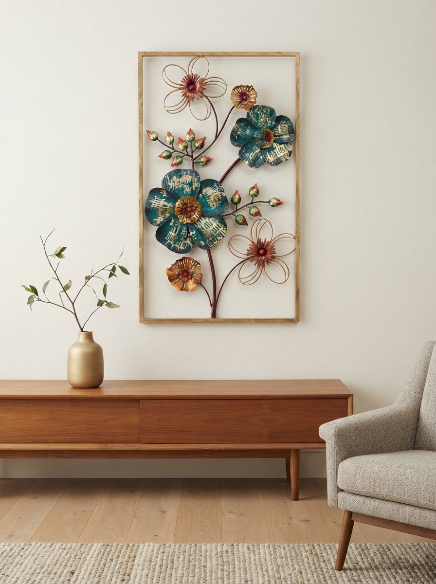 Framed Metal Flower Wall Art | Teal & Gold Floral Decor