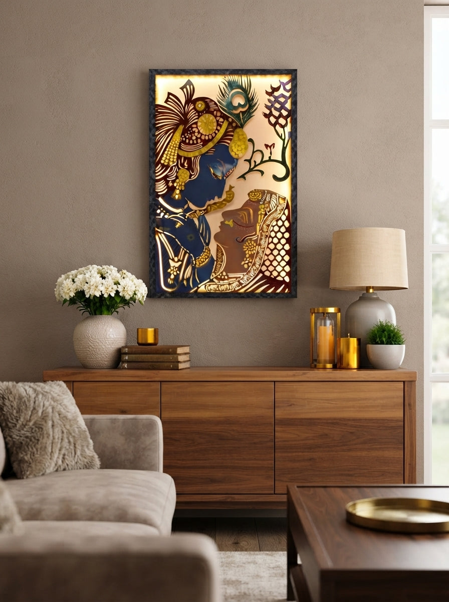 Radha Krishna Metal Wall Art | LED Backlit Framed Wall Decor