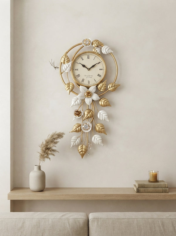 Hanging Leaves Wall Clock 14" x 30" – Decorative Metal Leaf Wall Clock for Living Room & Home Decor