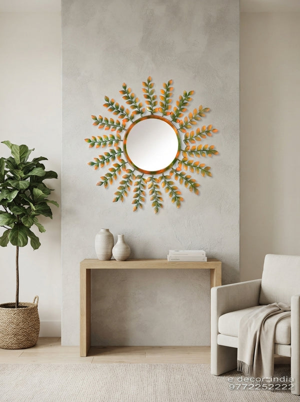 18 Leaf Stems Wall Mirror 30 Inch – Decorative Botanical Leaf Wall Mirror for Living Room & Home Decor