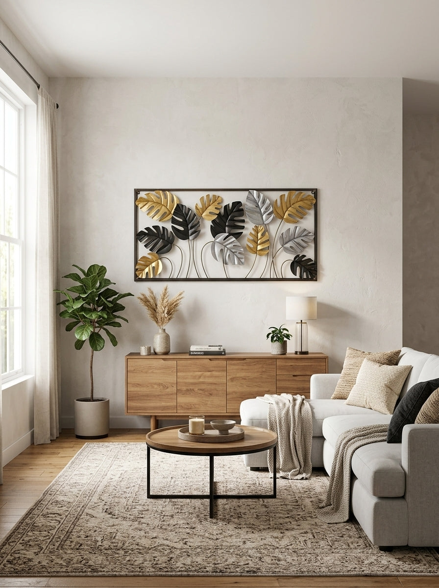 Framed Monstera Leaf Metal Wall Art | Gold, Silver & Black Decor