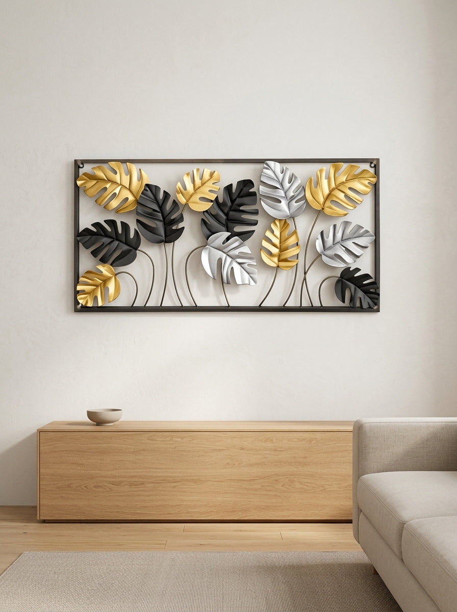 Framed Monstera Leaf Metal Wall Art | Gold, Silver & Black Decor