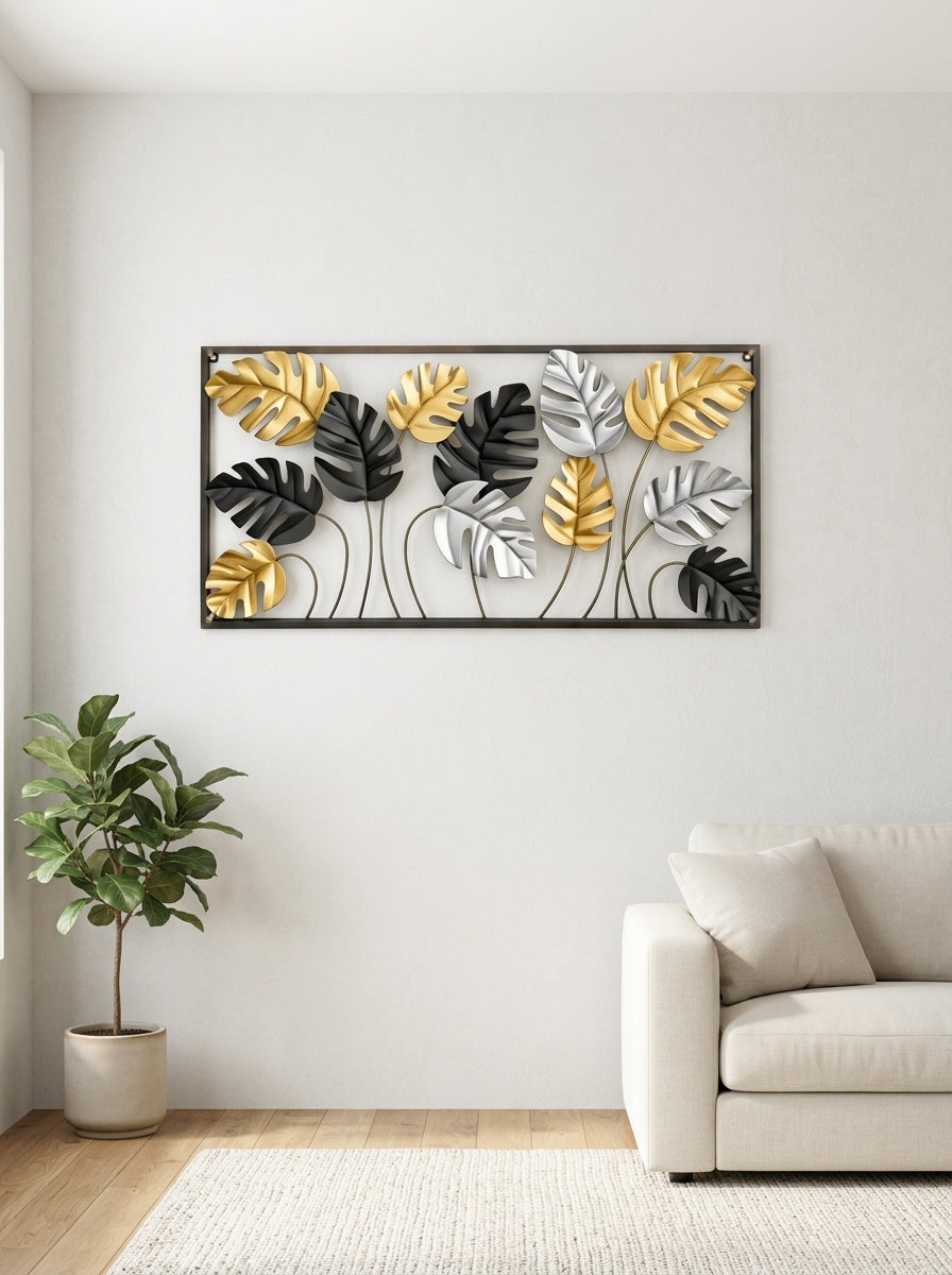 Framed Monstera Leaf Metal Wall Art | Gold, Silver & Black Decor