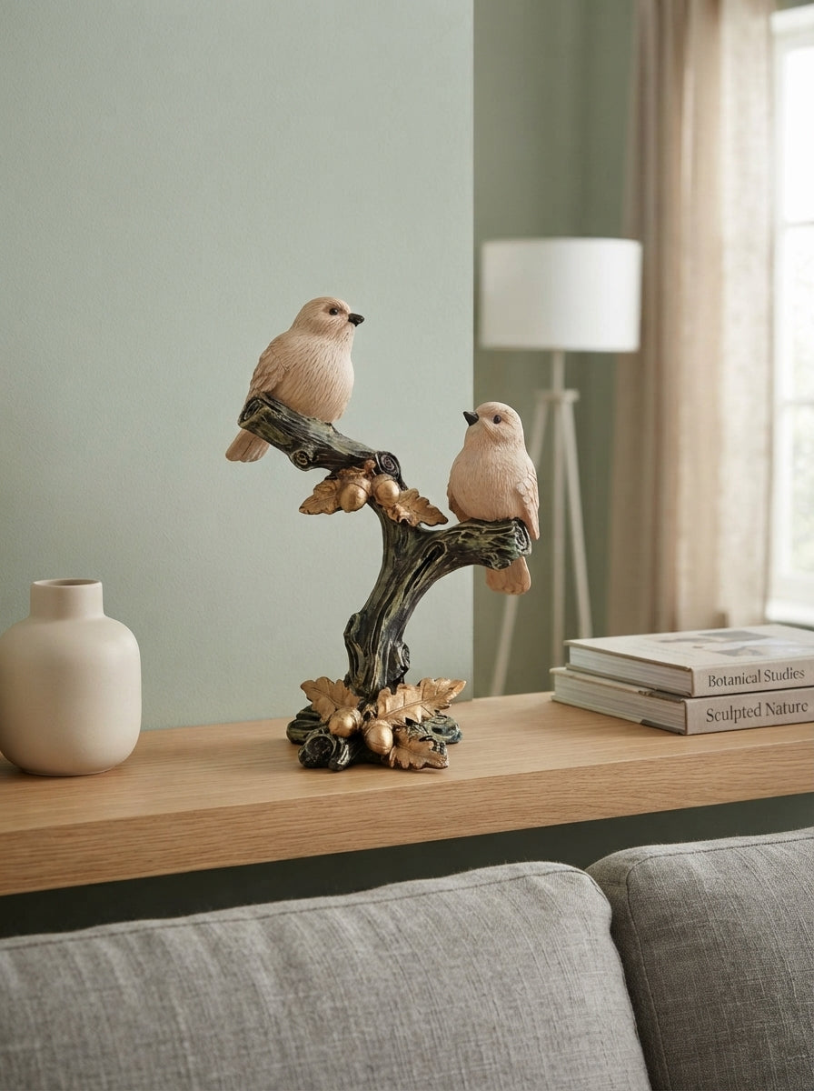 Two Sparrows on Branch Statue | Rustic Bird Figurine Decor
