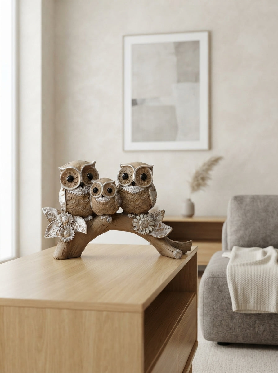 Owl Family Statue on Branch | Beige Silver Lace Owl Decor