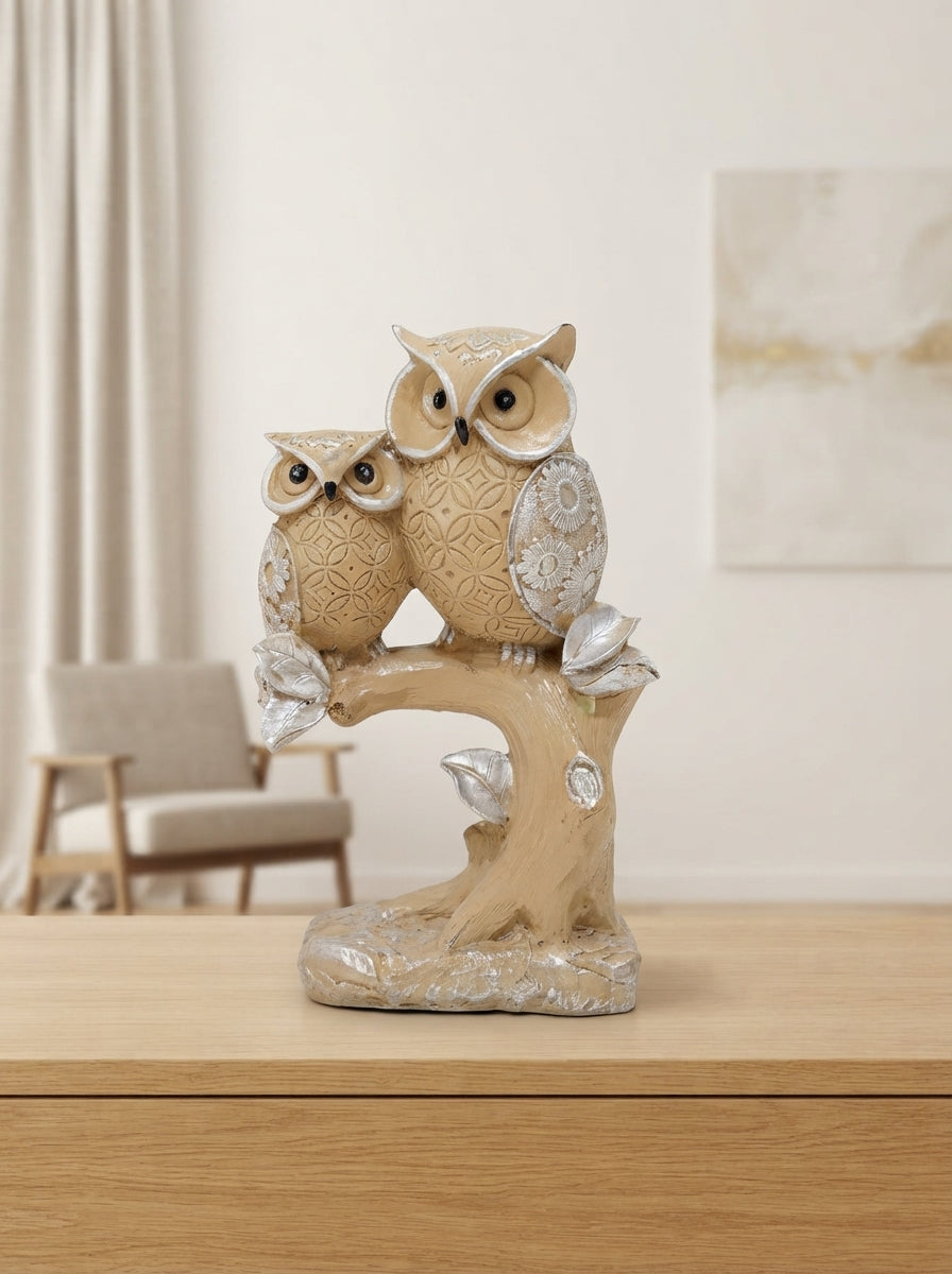 Two Owls on Tree Trunk Statue | Beige Silver Owl Figurine
