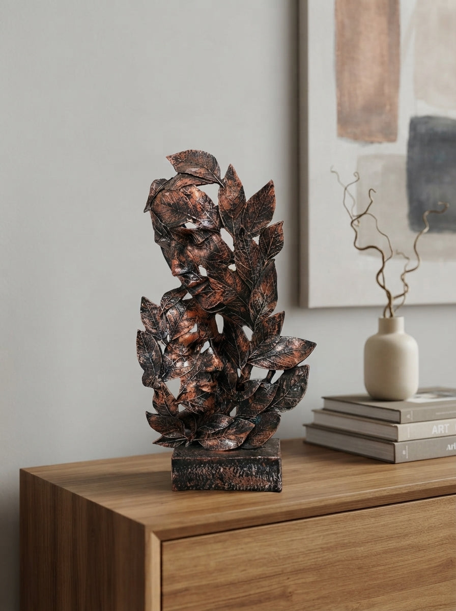Face in Leaves Sculpture | Copper Bronze Nature Art Statue