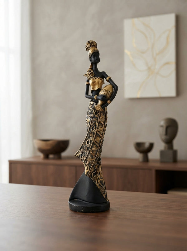 African Woman Statue with Water Jug | Black Gold Figurine