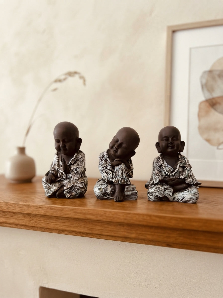 Set of 3 Baby Monk Statues 10”x6”x5”| Grey & Silver Buddha Figurines
