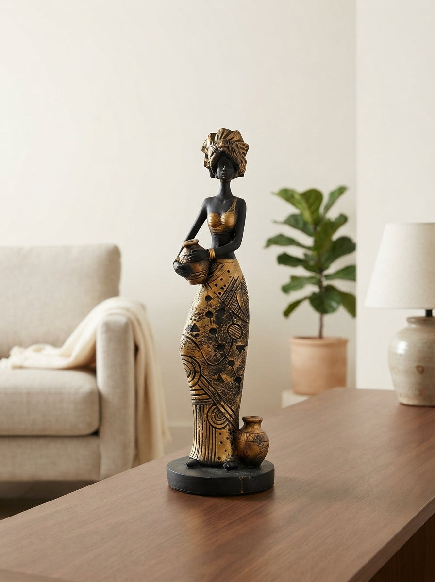 African Woman Statue with Pots 11.8" | Black Gold Tribal Figurine