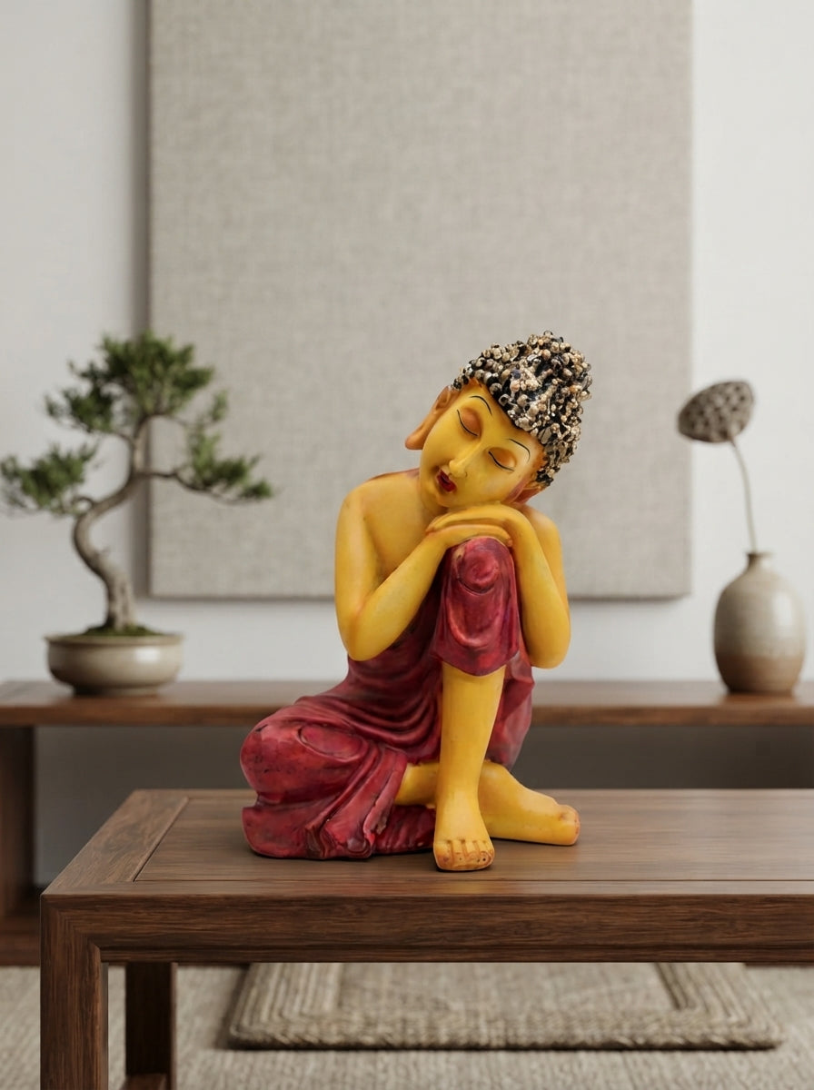 Mustard Maroon Resting Buddha Statue | Zen Decor