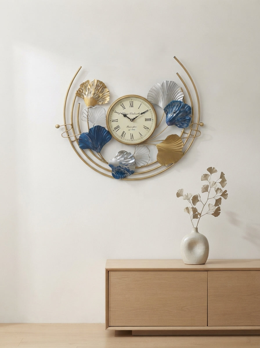 Ginkgo Leaf Wall Clock | Gold Blue Silver Metal Art Clock