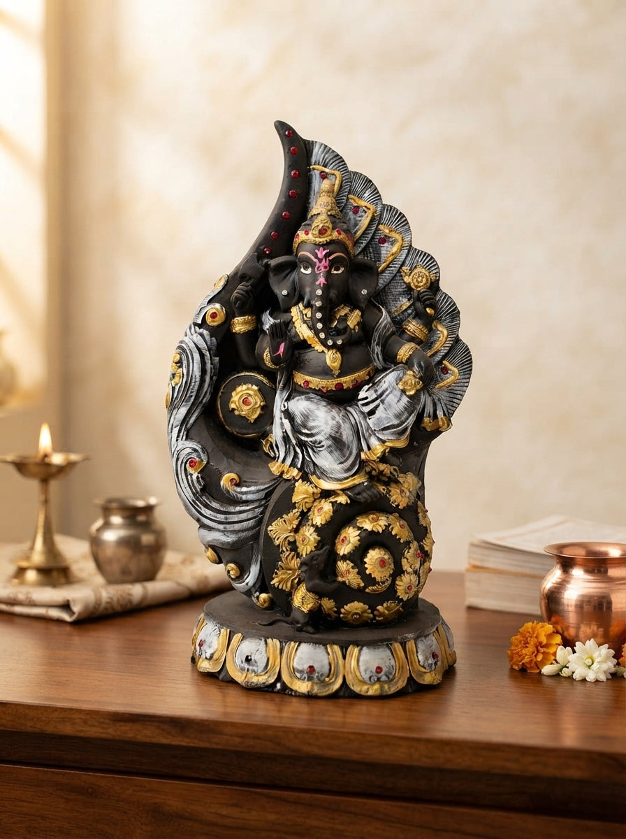 Black Gold Dancing Ganesha Statue 11.8" | Jewelled Hindu Decor