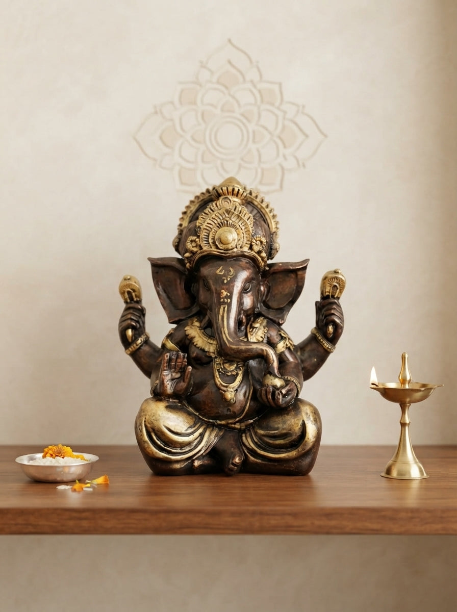 Bronze Antique Four-Armed Ganesha Statue 11.5" | Hindu Decor