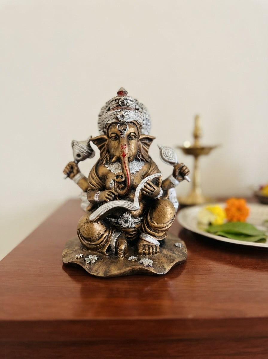 Antique Bronze Ganesha Statue with Scripture 9.5" | Silver Accent
