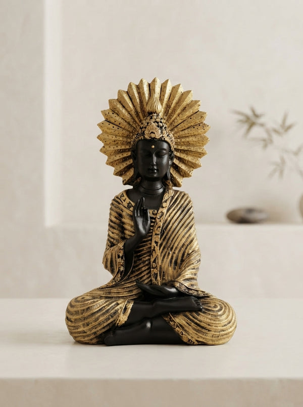 Buddha Statue Sunburst Halo | Black Gold Zen Decor Figurine