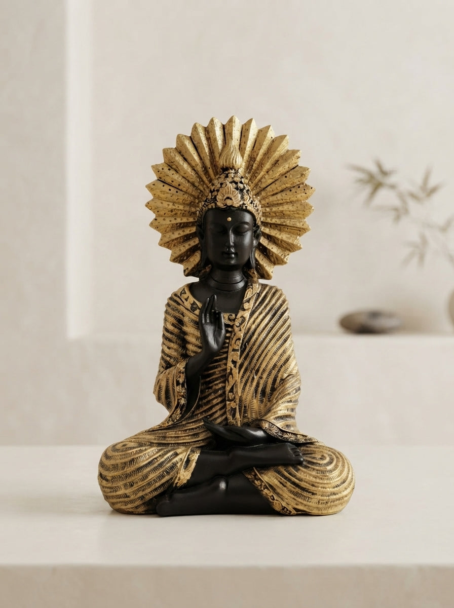 Buddha Statue Sunburst Halo | Black Gold Zen Decor Figurine