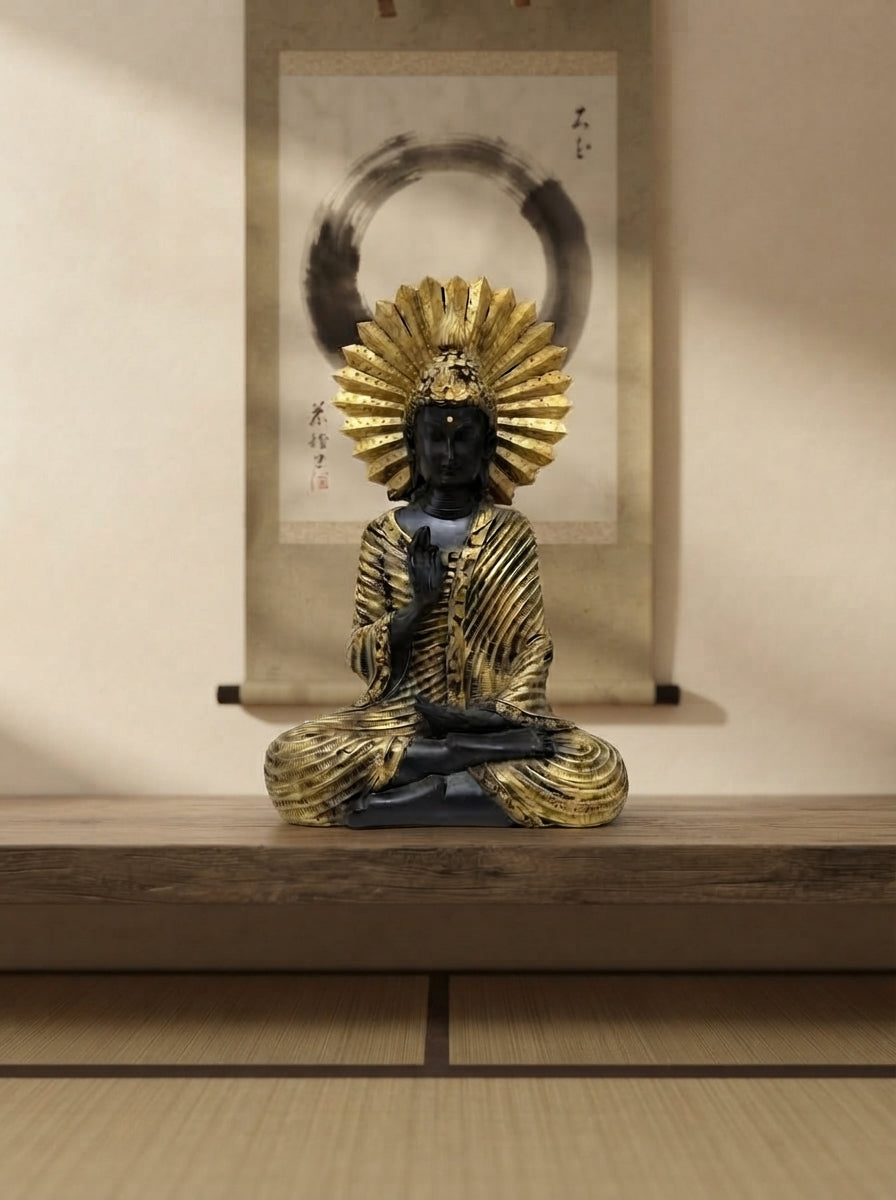 Buddha Statue Sunburst Halo | Black Gold Zen Decor Figurine