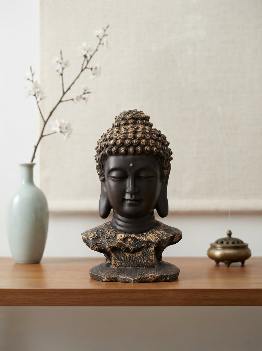 Buddha Head Bust Statue 16" | Black Gold Serene Face Decor