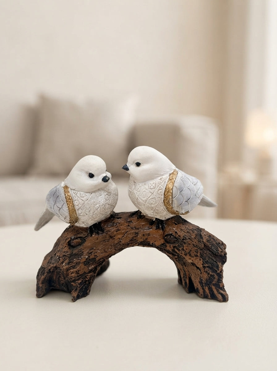 Two Love Birds Statue on Log | White Gold Bird Figurine