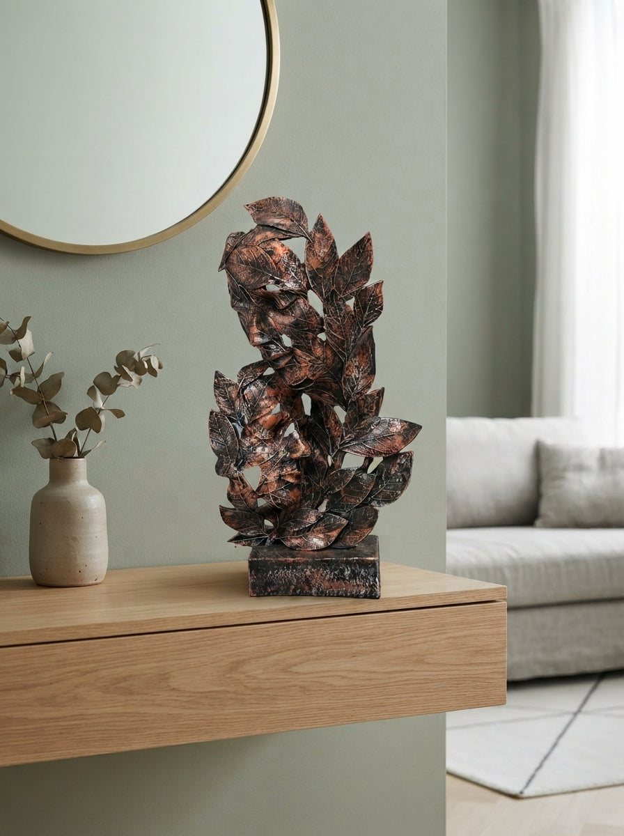 Face in Leaves Sculpture | Copper Bronze Nature Art Statue
