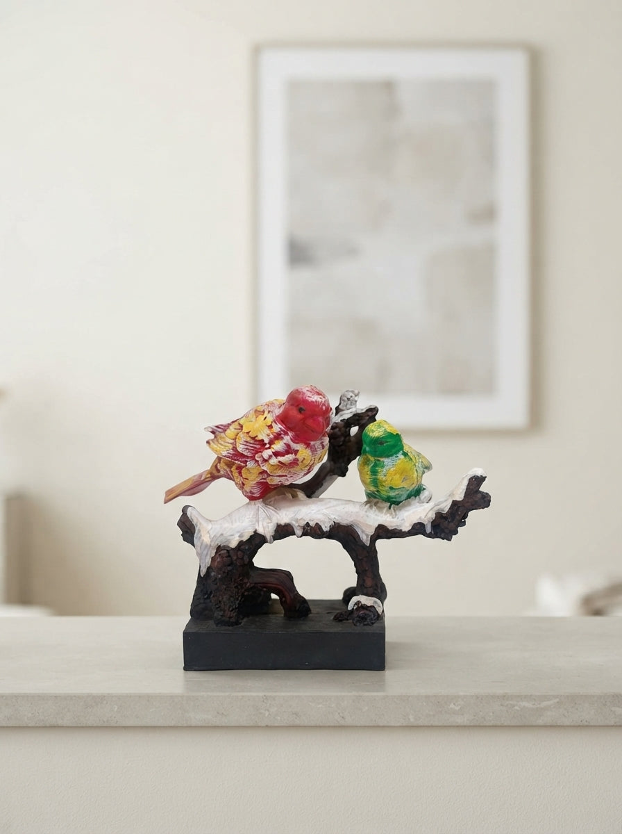 Colorful Birds on Snowy Branch Statue | Winter Bird Decor