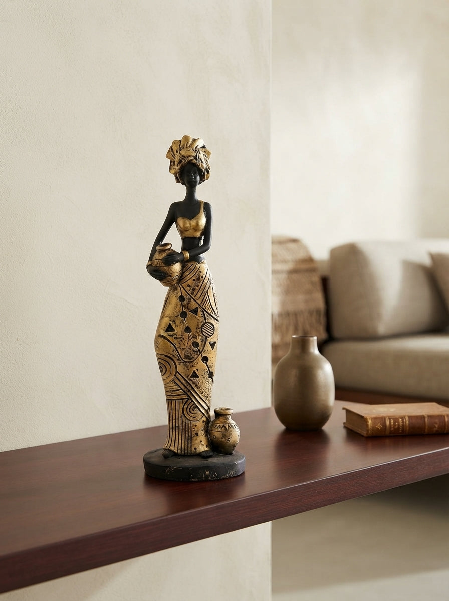 African Woman Statue with Pots 11.8" | Black Gold Tribal Figurine