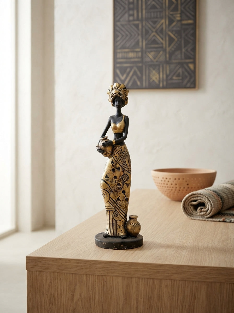 African Woman Statue with Pots 11.8" | Black Gold Tribal Figurine