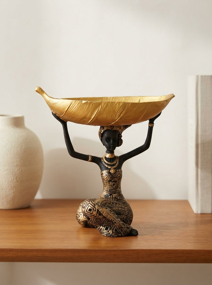 African Woman Statue Bowl Holder 21” | Gold Tribal Trinket Tray