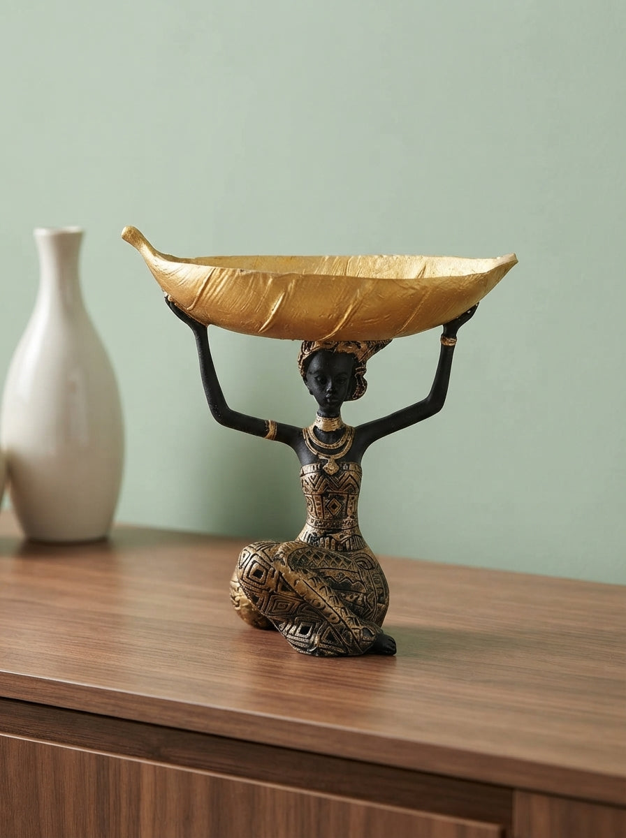 African Woman Statue Bowl Holder 21” | Gold Tribal Trinket Tray
